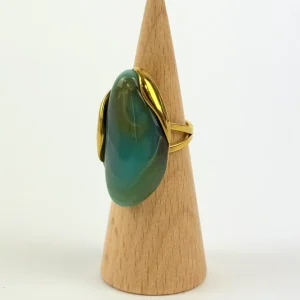 Anel aço dourado pedra verde