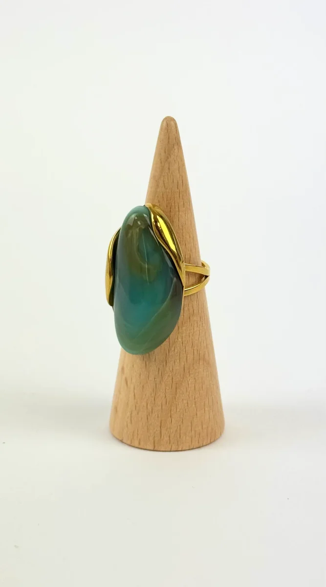 Anel aço dourado pedra verde